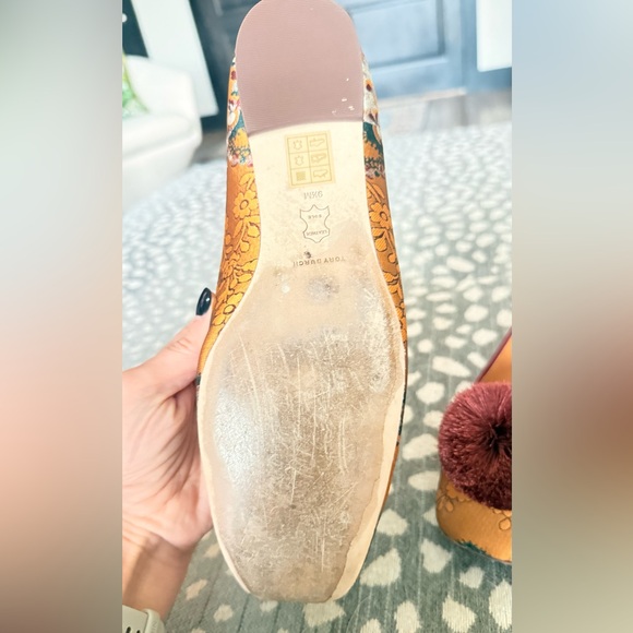 Tory Burch Satin Floral Flats with Burgundy and Gold with Pom - Picture 8 of 9